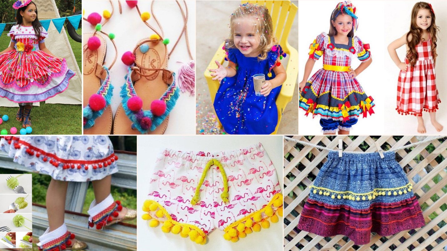 Vestidos de Festa Junina – Pompons coloridos para atualizar o visual caipira da meninada
