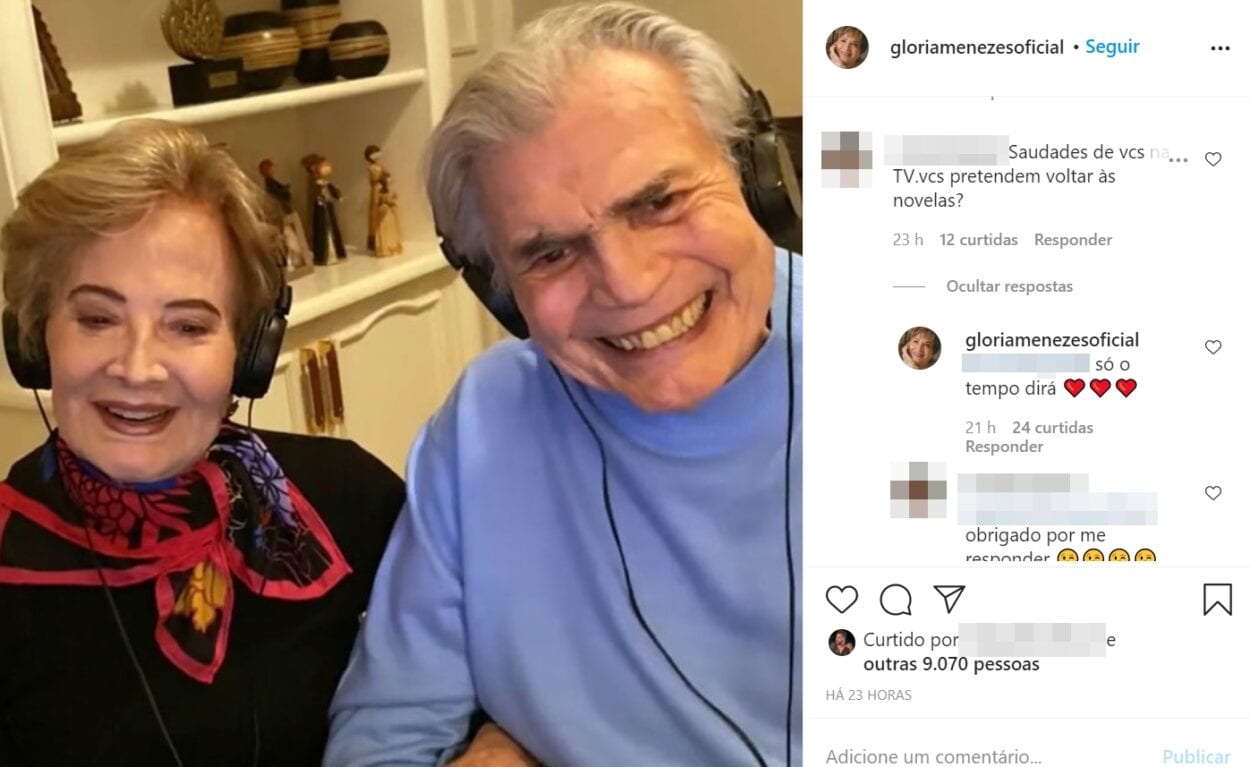 Print que mostra foto de Glória Menezes e Tarcísio Meire, com detalhes dos comentários realizados no Instagram da atriz. 