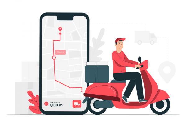 Imagem de um entregador a caminho da casa do cliente montado em uma scooter vermelha