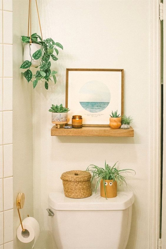 Banheiro decorado com plantas e quadro.