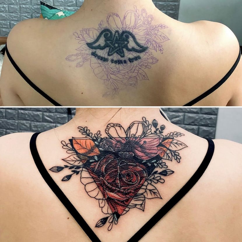 Antes e depois de cobrir tatuagem nuca