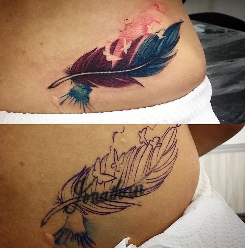 Cobertura de tatuagem antes e depois com nome sendo coberto por pena