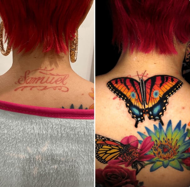  antes e depois de cobertura de tatuagem na nuca: também temos um nome que foi coberto por flores e borboleta. 