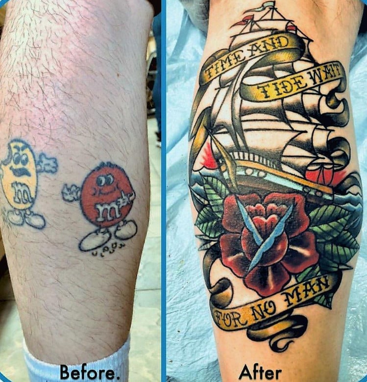 Cobrir tatuagem - montagem de antes e depois de tatuagem masculina que foi coberta