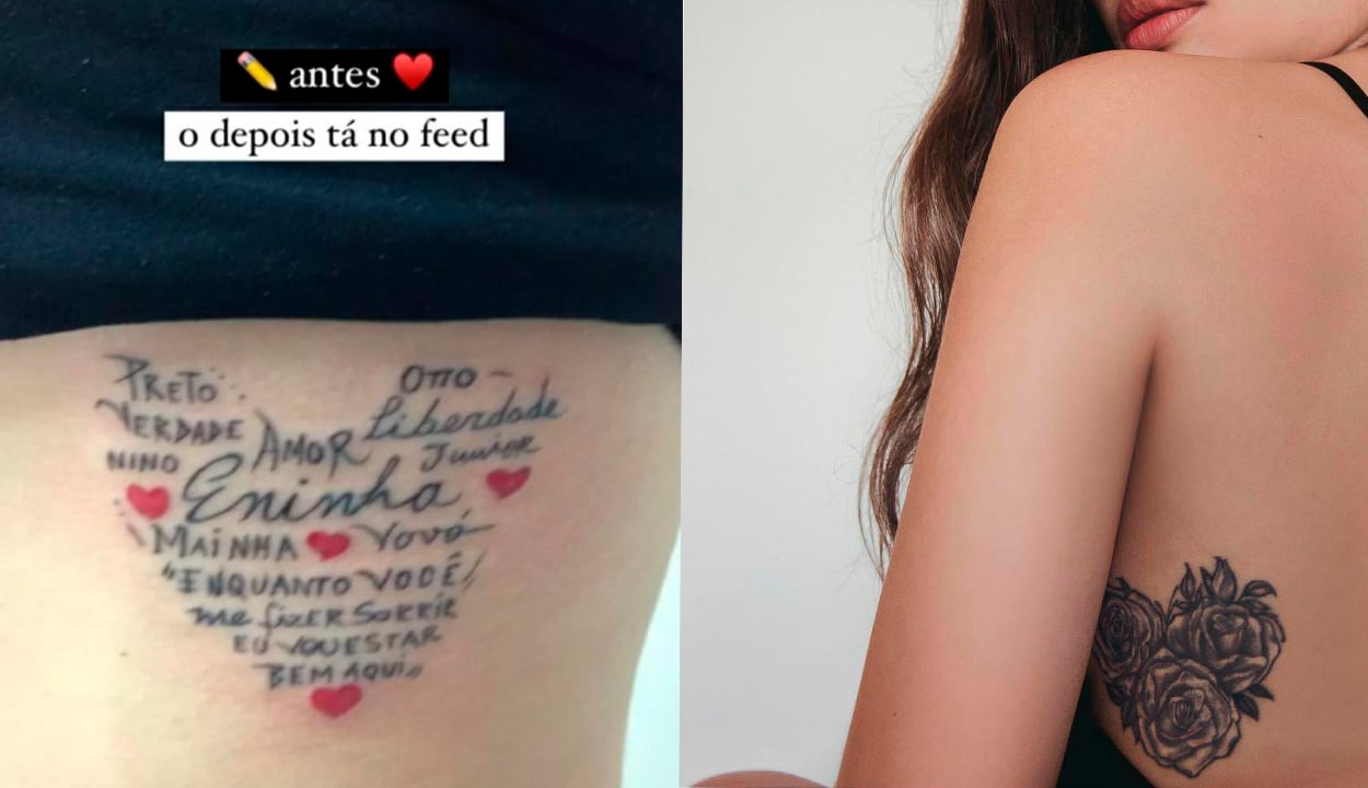 Duas imagens lado a lado da tatuagem na costela de Juliette Freire com antes e depois do Cover-up