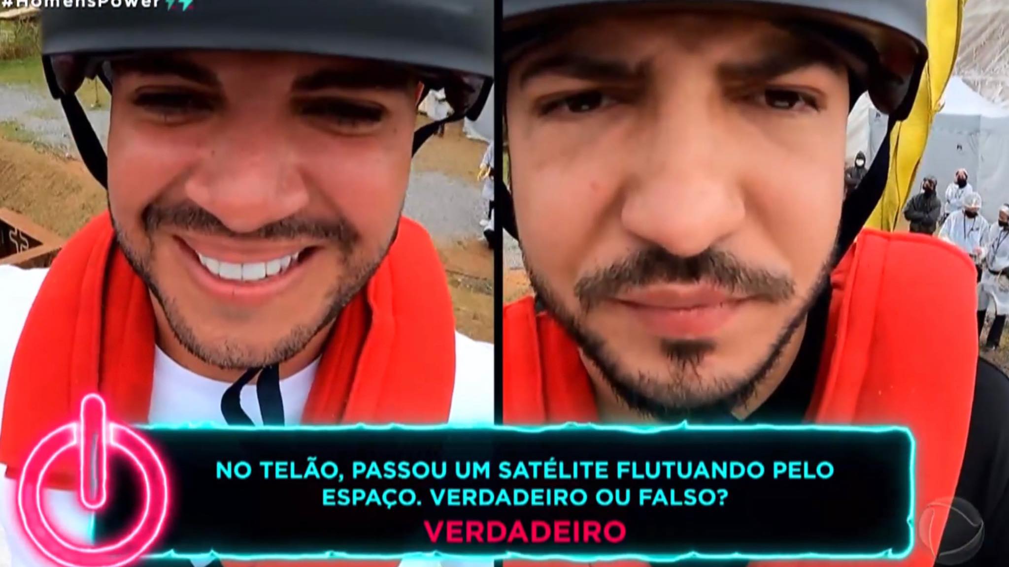 Felipi e Thiago respondem perguntas de Adriane Galisteu após serem arremessados na Prova dos Homens no Power Couple (imagem: reprodução/ Record TV)