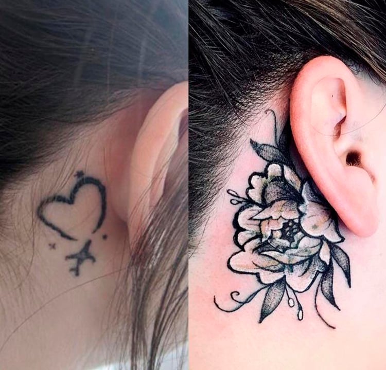 Duas imagens lado a lado. A primeira de uma tatuagem de um coração completo com um avião na ponta atrás da orelha de uma pessoa. A segunda é dessa mesma pessoa, com uma tatuagem de flor cobrindo a do coração, atrás da orelha da pessoa.