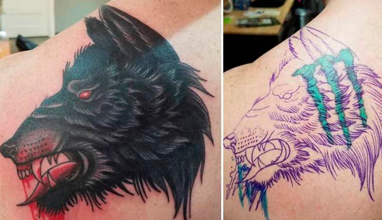 Depois e antes da cobertura de uma tatuagem de garras verdes. A tatuagem nova é a cabeça de um lobo preta.