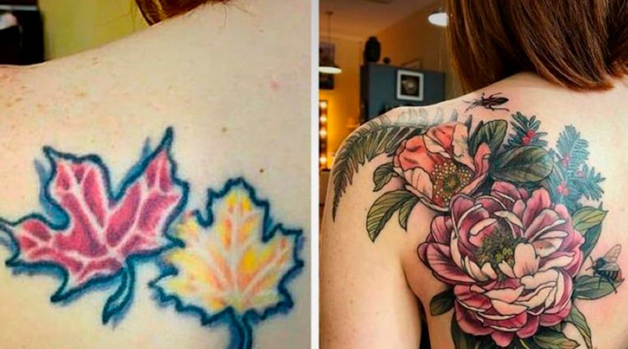 Tatuagem nas costas. A cobertura foi feita em uma tatuagem de duas folhas coloridas, a tatuagem nova é de duas flores coloridas grandes.
