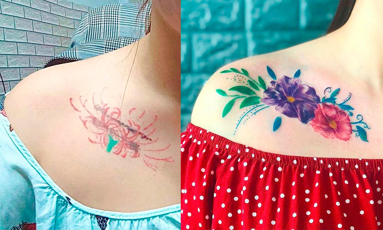 Antes de depois de uma cobertura de uma tatuagem na clavícula. A tatuagem nova é uma de uma flor roxa, e a da outra rosa cercadas de folhas. 