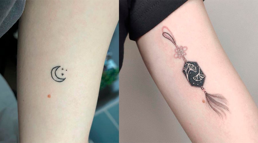 Antes e depois da cobertura de uma tatuagem. A antiga tatuagem é de uma lua pequena. A nova é de um pingente preto e branco.