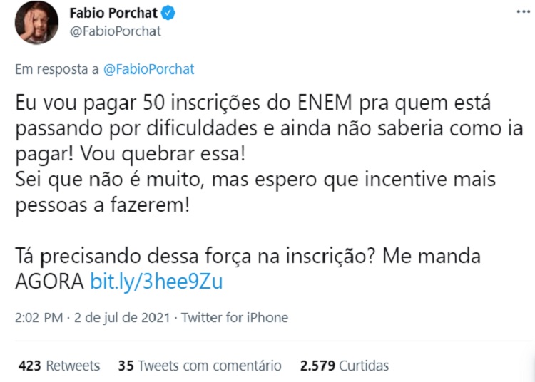 reprodução de tweet de Fabio Porchat