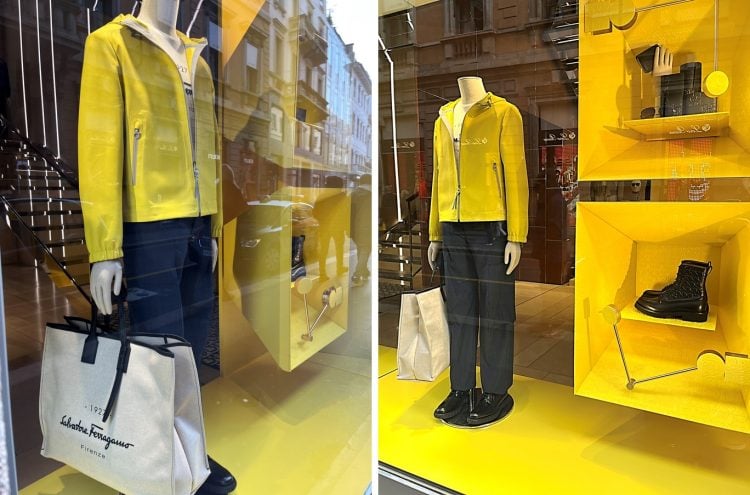 vitrines com manequim vestindo calça prata e jaqueta amarelo fluor 
