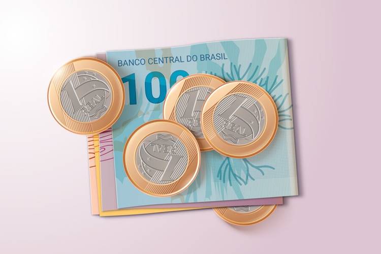 Foto de notas de cem reais e moedas de 1 real - Valores a Receber.