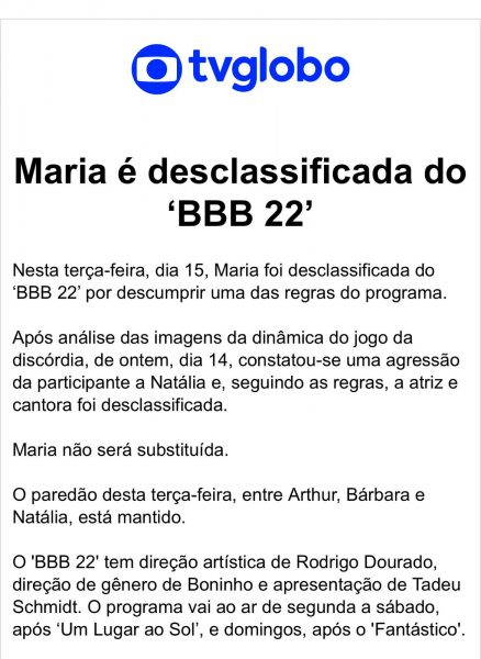 Comunicado oficial Globo