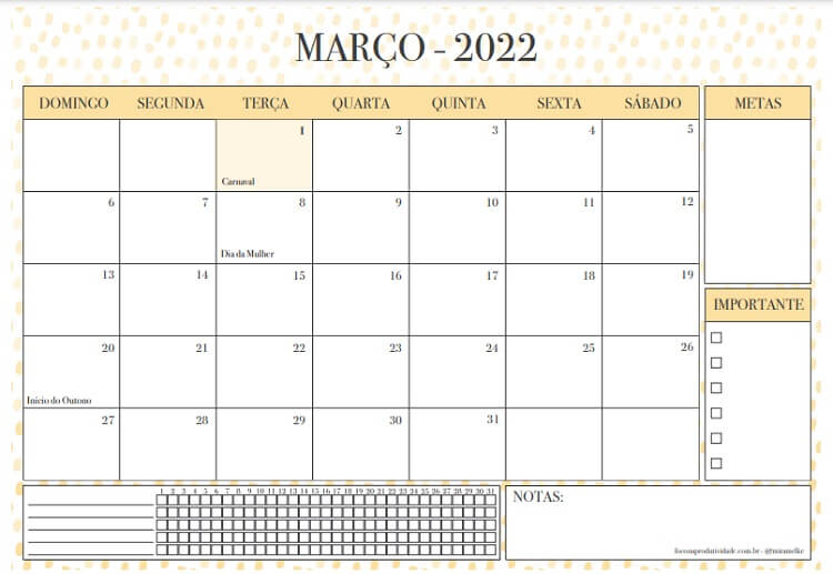 Foto de calendário de março de 2022 do blog Foco na Produtividade