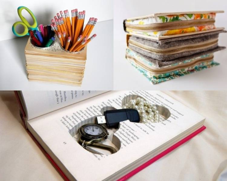 Foto upcycling: livros transformados em objetos de decoração.