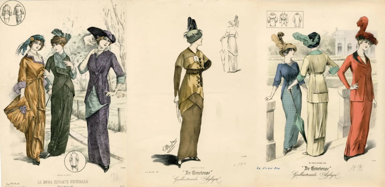 Ilustração com diferentes modelos de vestido da moda dos anos 10