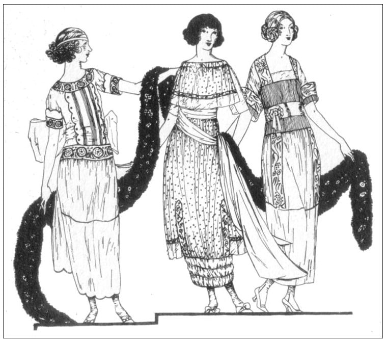 Ilustração de três modelos de vestido da moda dos anos 10