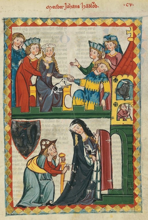 Ilustração de um livro medieval com diversas pessoas vestidas com traje gótico em duas cenas 