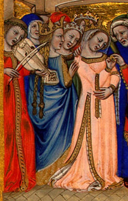 Parte da ilustração "O Casamento" de Nicolo da Bologna, onde se vê a noiva vestida de laranja rodeada por músicos e outros pessoas vestidas com traje gótico