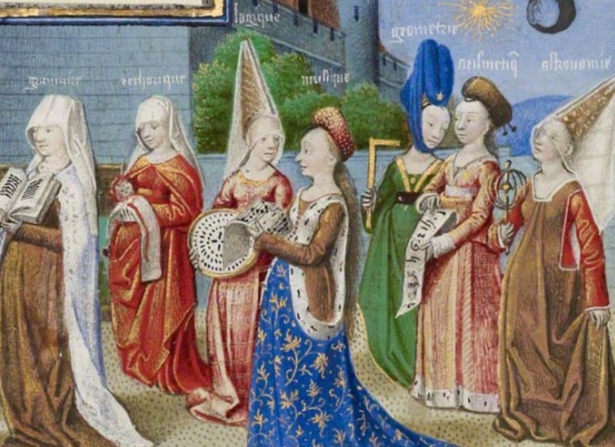 tração de diversas mulheres caminho juntas vestidas com traje gótico medieval em cores distintas, cada uma com um tipo de chapéu diferente