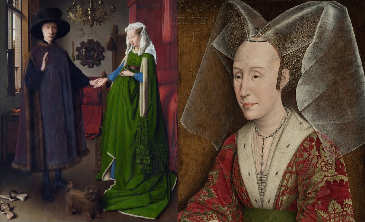Imagem da pintura Casal Arnolfini vestidos com traje gótico, ele todo de negro e a mulher grávida com um vestido longo verde, e um retrato de Maria de Borgonha com um chapéu de cones e véu transparente