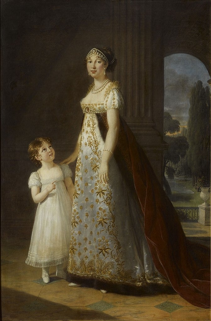 Caroline Bonaparte, rainha de Nápoles, com a sua filha, de 1807. Ambas vestidas com a moda império.