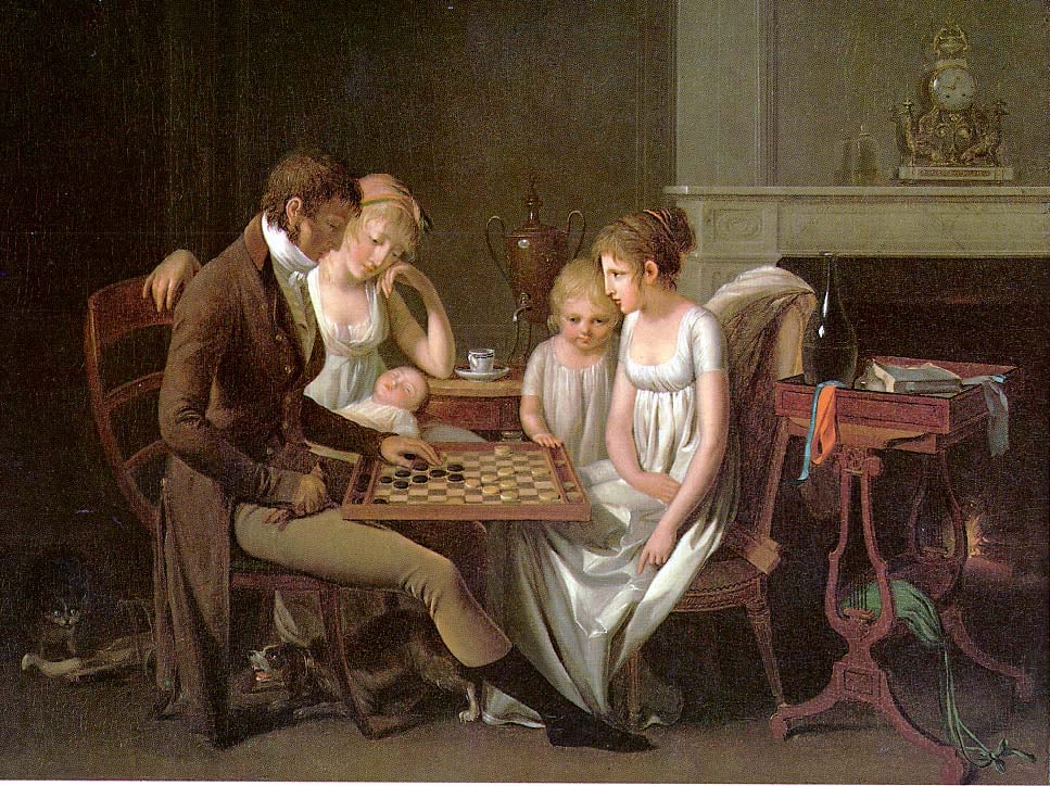 Retrato de uma família a jogar damas, por volta de 1803, com a mães e as meninas a usar a moda império.