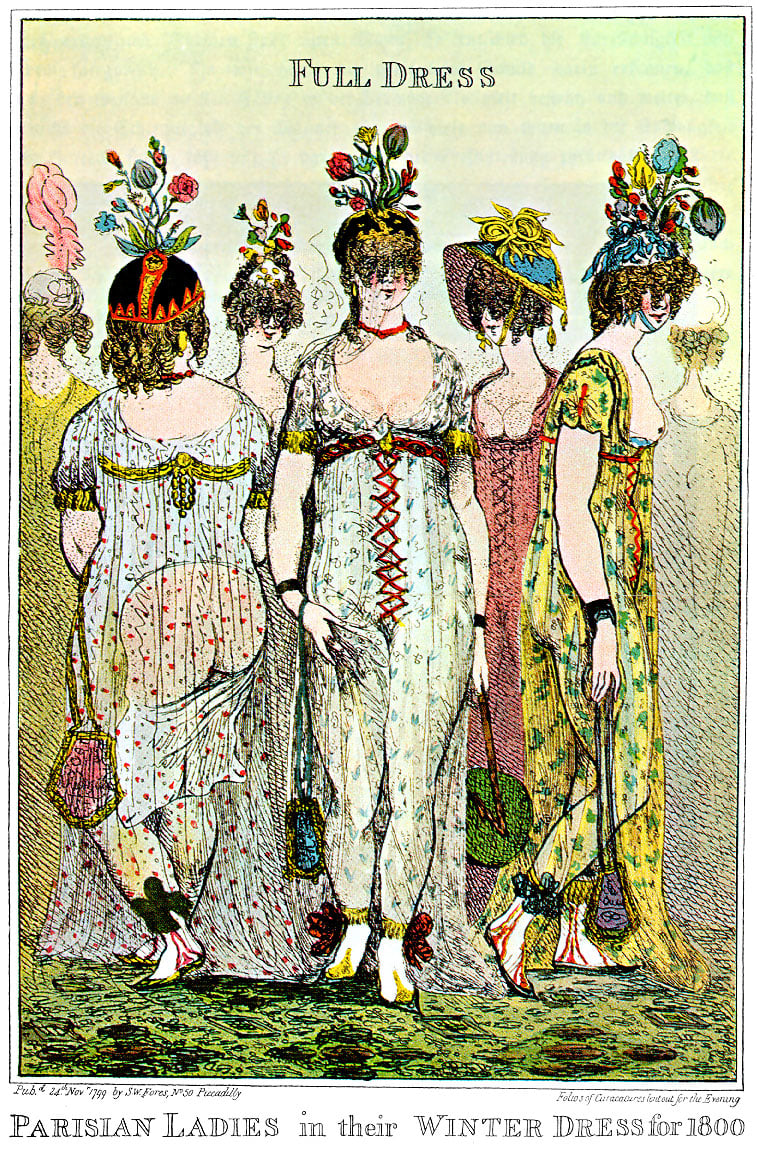 Desenho satirizando a moda império das mulheres de Paris, onde se lê "vestido completo para o inverno de 1800, de 1799.