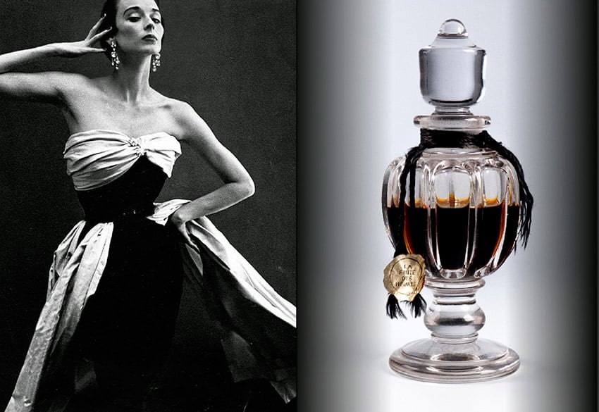Modelo com um vestido sem alças de Cristóbal Balenciaga em uma publicidade do seu perfume, de 1949. 