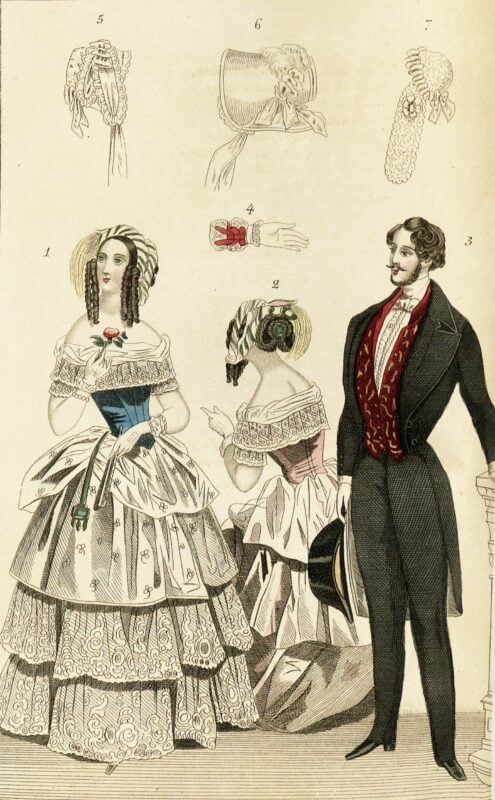 Desenho de 1844 ilustrando roupas da moda para homens e mulheres