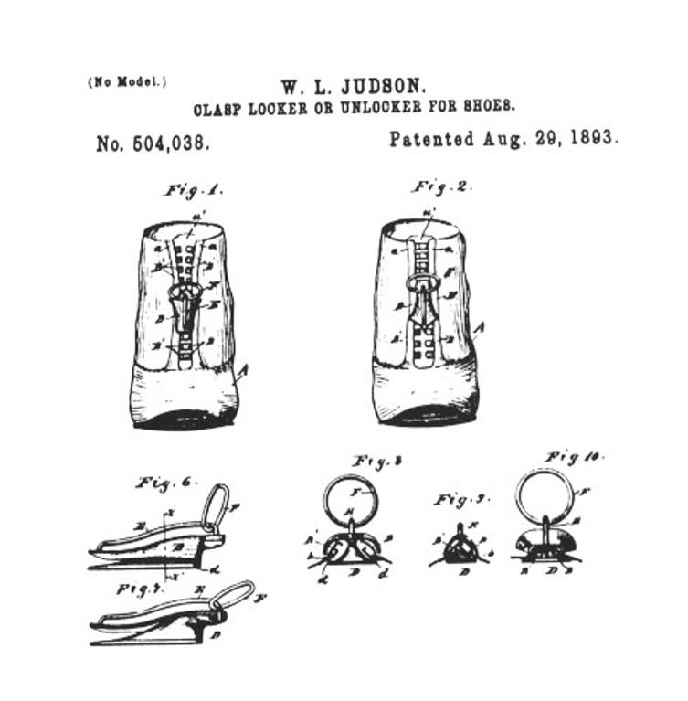 Ilustração de um calçado com zíper da patente do Clasp Locker de Whitcomb Judson de 1893 Ilustração de um calçado com zíper da patente do Clasp Locker de Whitcomb Judson de 1893