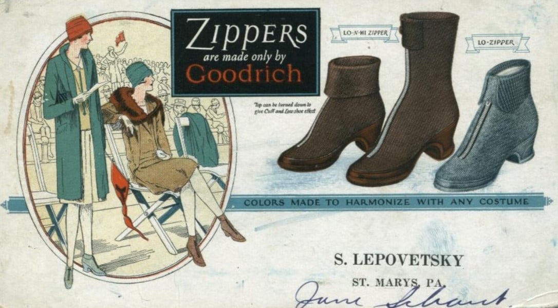 Publicidade dos sapados Goodrich com zíper, dos anos 20