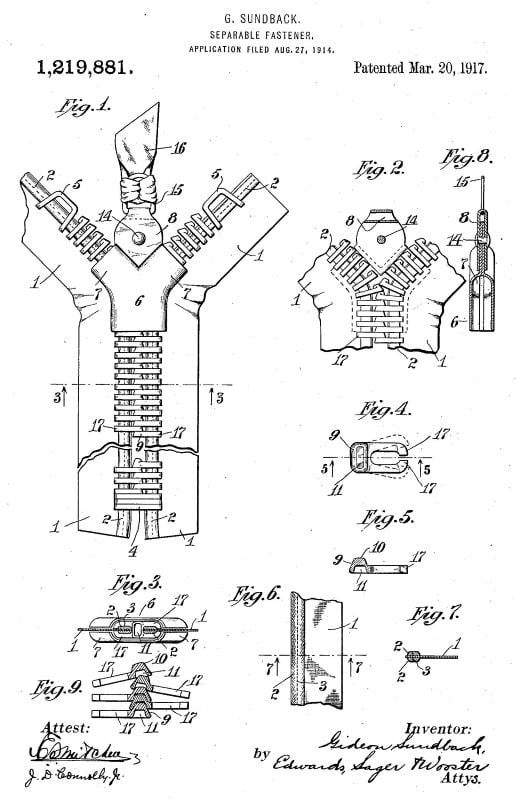 Ilustração da patente do zíper de Gideon Sundbäck de 1917 com a explicação dos seus componentes e funcionamento