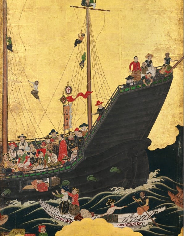 Parte de um biombo japonês ilustrando a chegada do navio português no Japão, século XVII. 