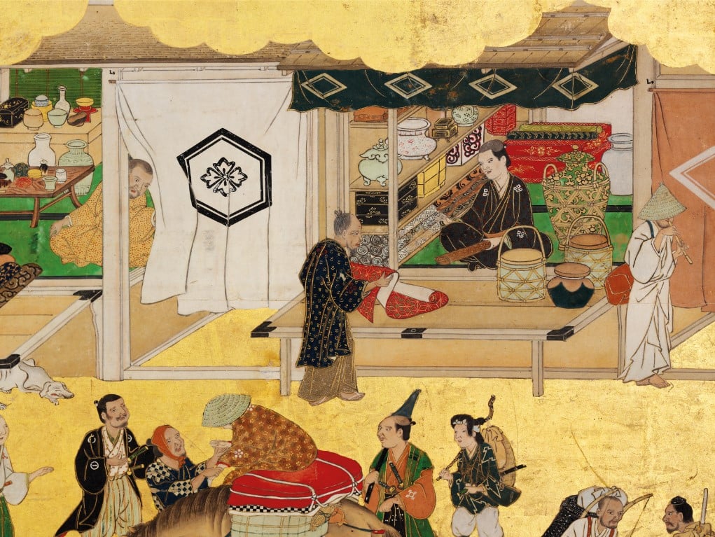 Parte de um biombo japonês mostrando a venda da seda, século XVII.