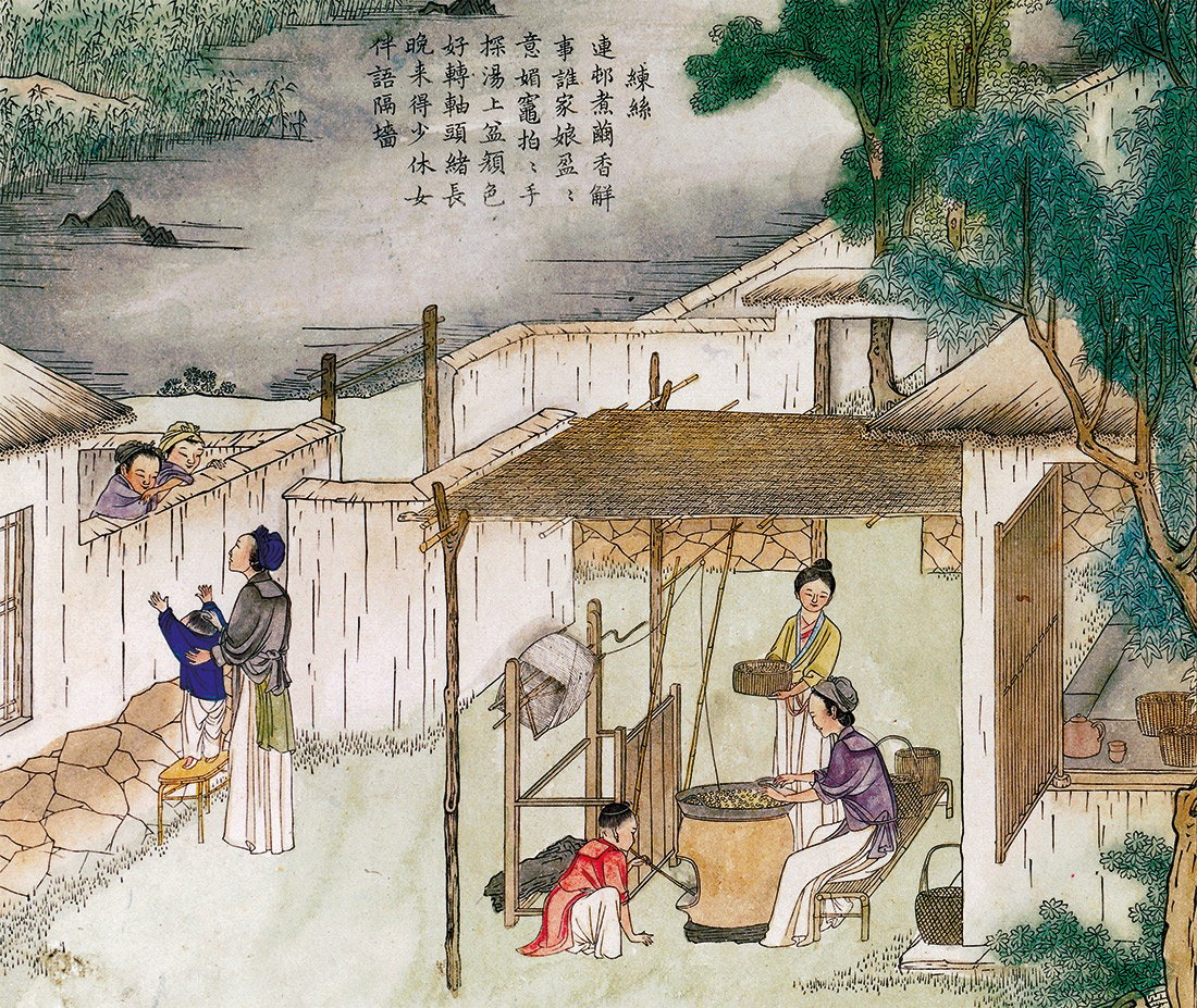 Ilustração chinesa de mulheres produzindo a seda.