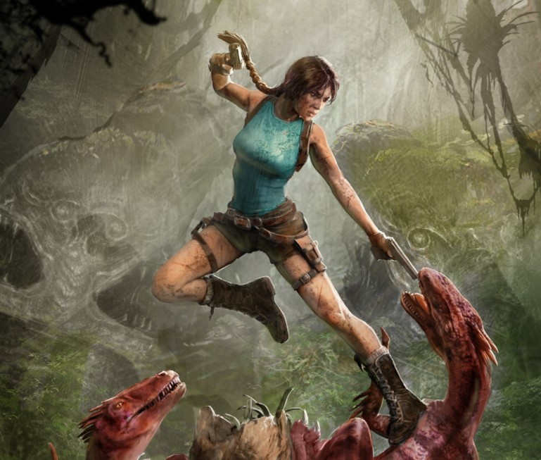 Imagem da personagem Lara Croft apontando uma arma a um monstro. Ciberespaço. 