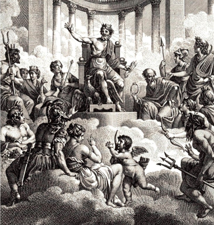 Os deuses e deusas gregas do Olimpo, Zeus, Hera, Poseidon, Atena, Ares, Deméter, Apolo, Ártemis, Hefesto, Afrodite, Hermes e Dionísio.