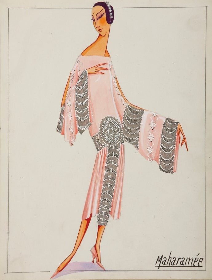 Croqui do vestido Maharamee de Jeanne Lanvin, 1925. 