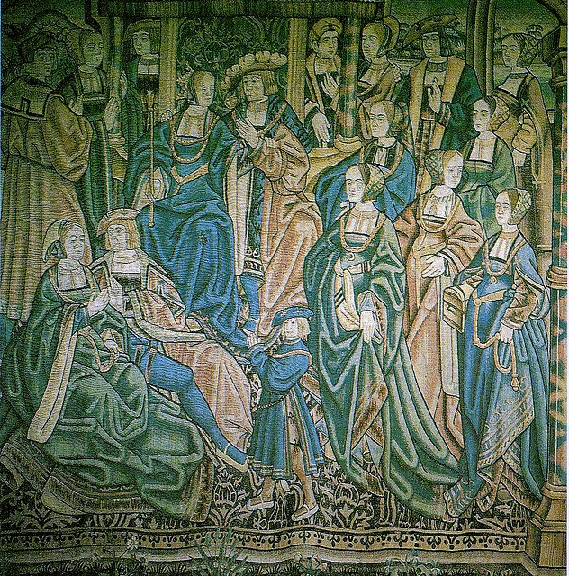 Tapeçaria flamenga ilustrando a Catarina de Aragão, com um vestido de noiva verde, e seu marido, o Príncipe de Gales.