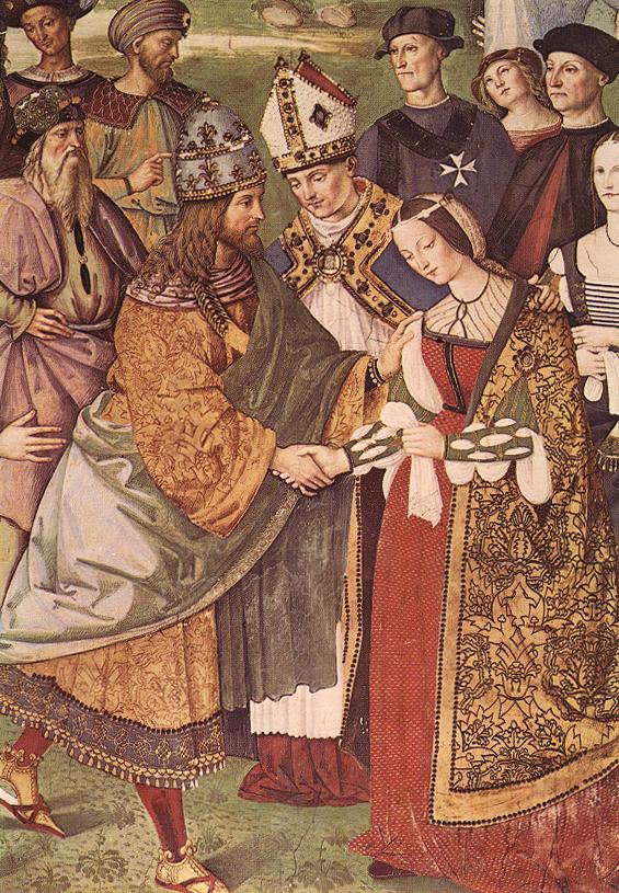 Aeneas Piccolomini introduz Eleonor de Portugal a Frederick III, com um vestido de noiva vermelho.
