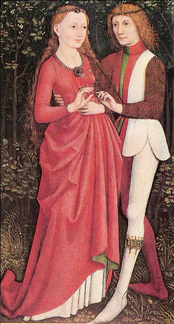 Os amantes. 1470, com um vestido de noiva vermelho. 