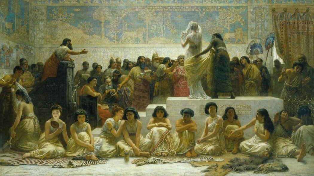 O Mercador de casamento na Babilônia, com uma mulher com um vestido de noiva branco. 