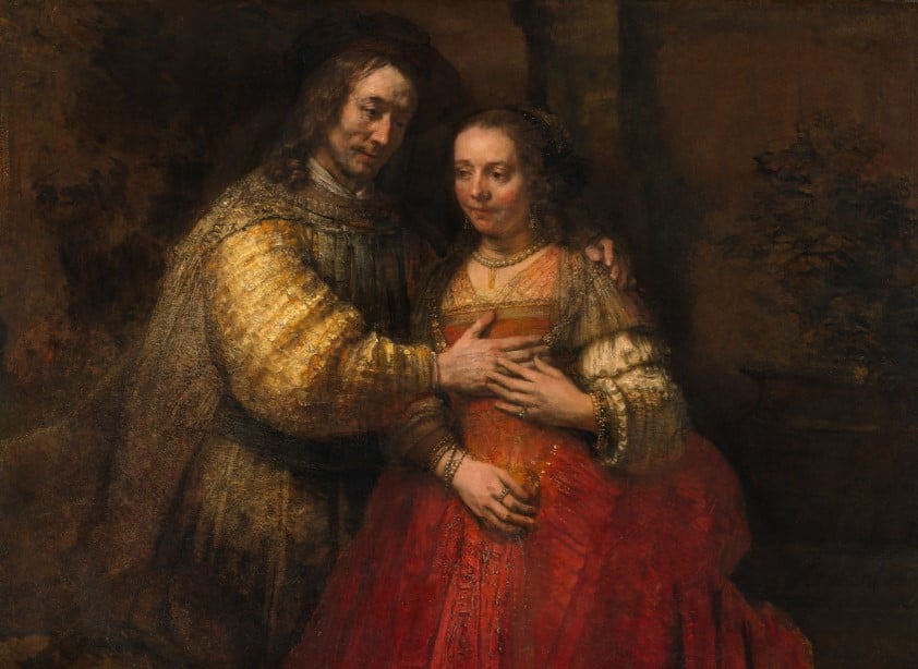 Isaac e Rebecca, pintura conhecida como 'A noiva judia`, com um vestido d enoiva vermelho. 