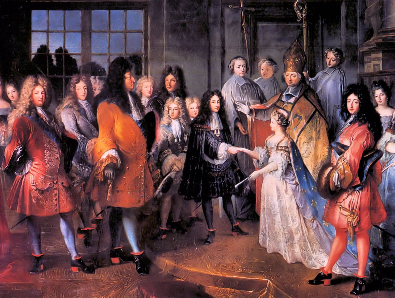 Casamento de Luis da França, duque de Bourgogne, com a noiva em um vestido branco. 
