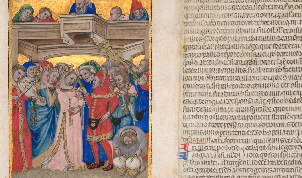 Desenho em um detalhe da página de uma novela medieval, de Nicolo da Bologna, com um vestido de noiva rosa. 