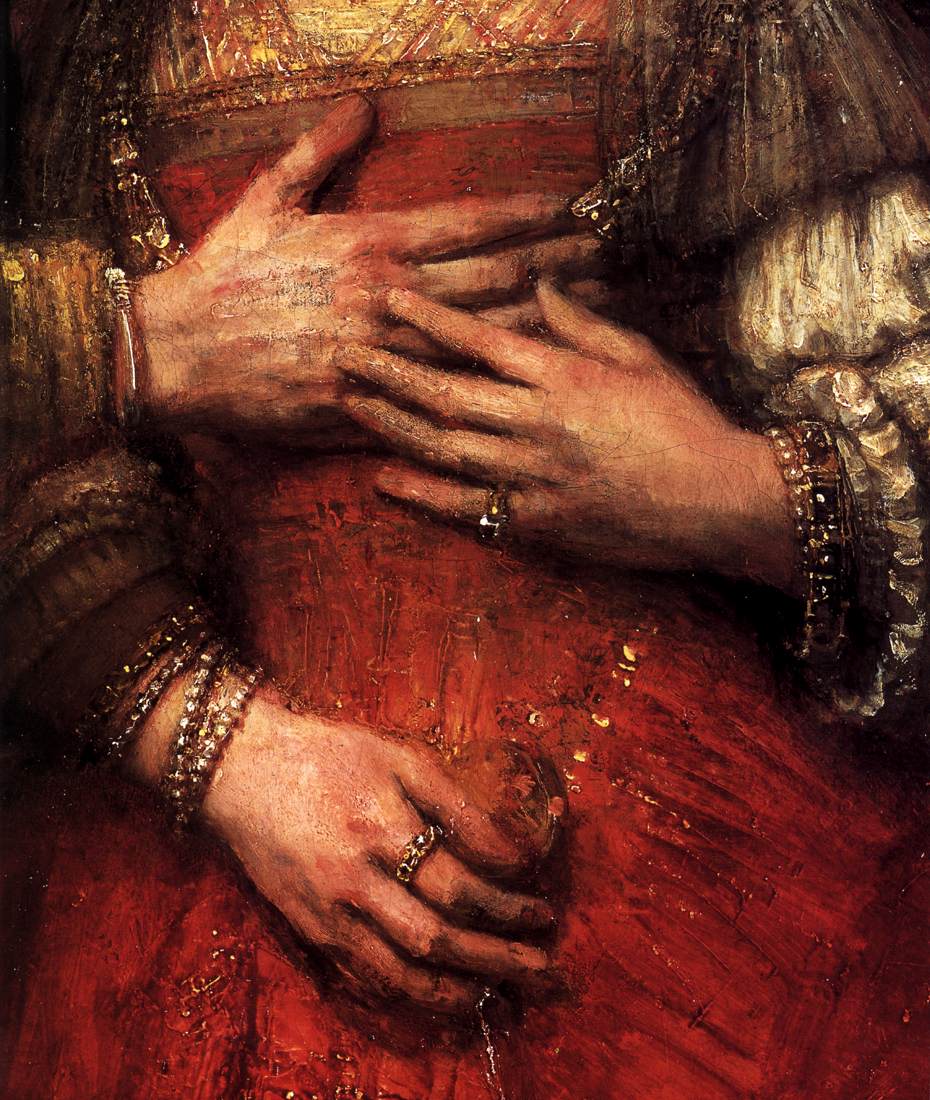 Detalhe das mãos do quadro ´A noiva judia`, com um vestido de noiva vermelho. 
