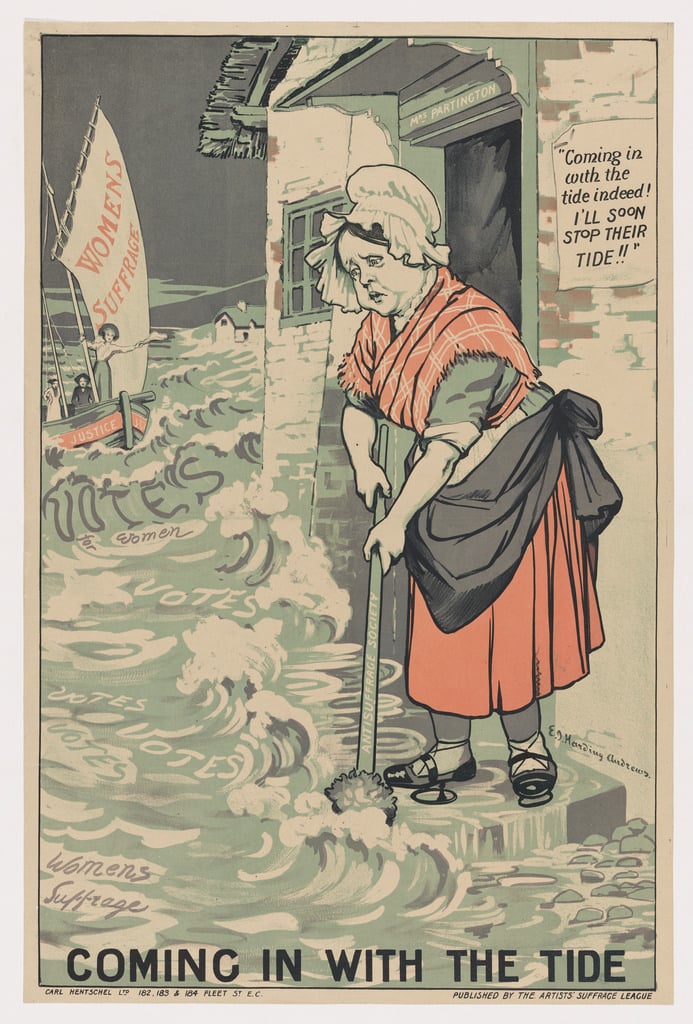 Poster do movimento sufragista, onde se vê um barco com mulheres sufragistas vindo em direção de mulher antiga tentando barrar a "onda sufragista". 